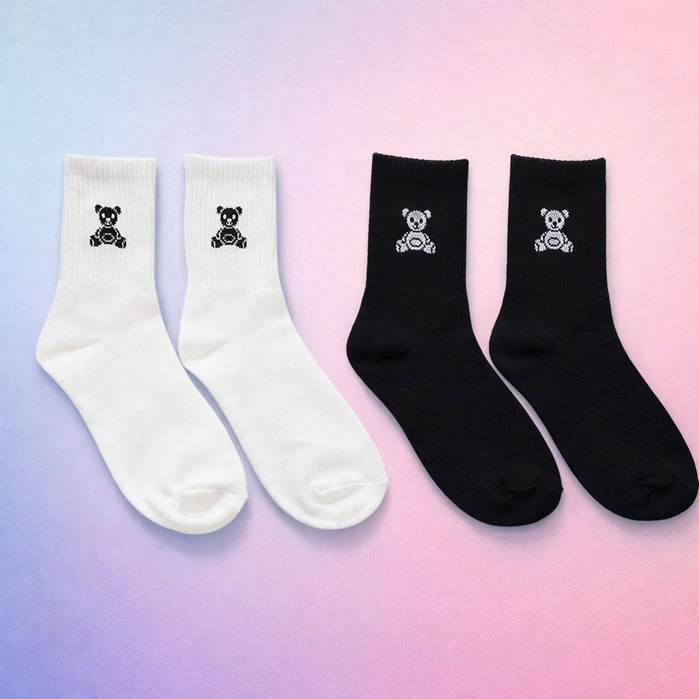 NWT Zenana White & Black Teddy Bear Crew Socks Minimal Cozy Aesthetic One Size
